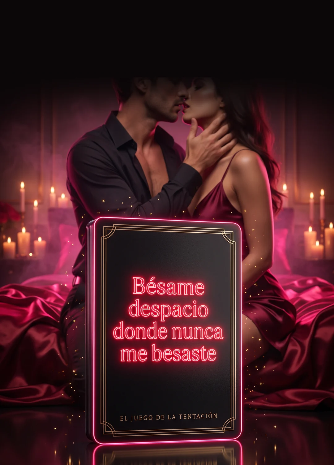 Carta del juego que dice Bésame despacio donde nunca me besaste, con una pareja besándose a la luz de las velas