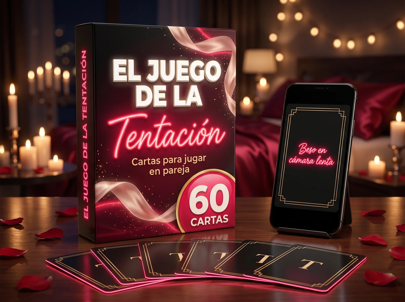Las cartas de El Juego de la Tentación sobre satén rojo, con un celular mostrando una carta